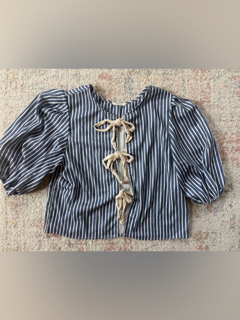 Striped Navy Puff-Sleeve Tie-Front Blouse
